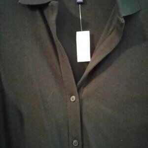 Black cotton knit midi length dress.